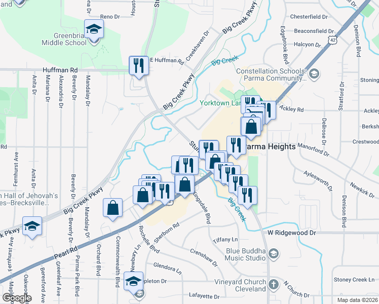 map of restaurants, bars, coffee shops, grocery stores, and more near 11551 Riverview Court in Parma Heights