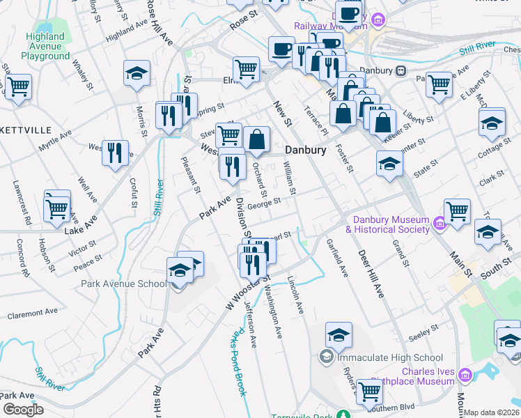 map of restaurants, bars, coffee shops, grocery stores, and more near 34 George Street in Danbury