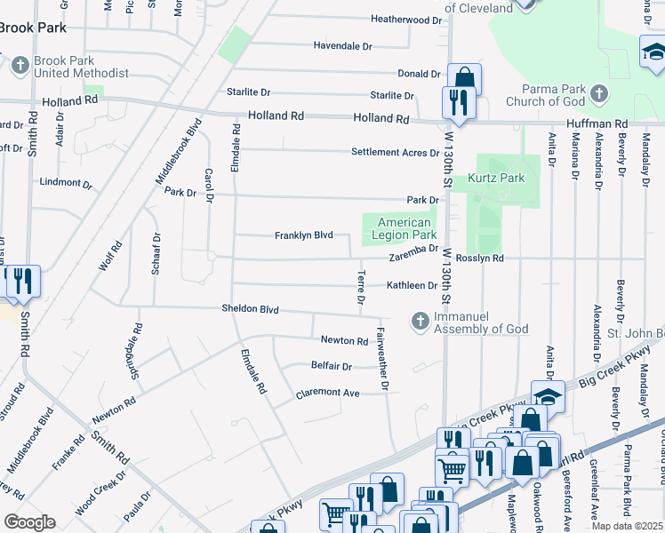 map of restaurants, bars, coffee shops, grocery stores, and more near 13835 Zaremba Drive in Brook Park