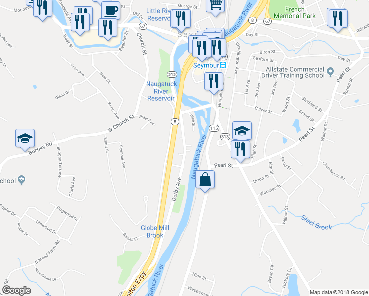 map of restaurants, bars, coffee shops, grocery stores, and more near 56 Derby Avenue in Seymour