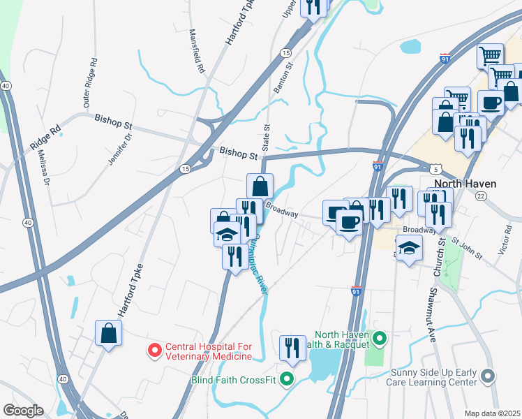 map of restaurants, bars, coffee shops, grocery stores, and more near 39 State Street in North Haven