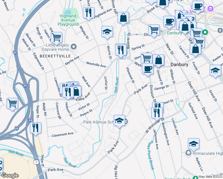 map of restaurants, bars, coffee shops, grocery stores, and more near 40 Oil Mill Road in Danbury
