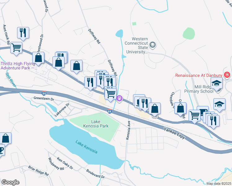 map of restaurants, bars, coffee shops, grocery stores, and more near 39 Mill Plain Road in Danbury