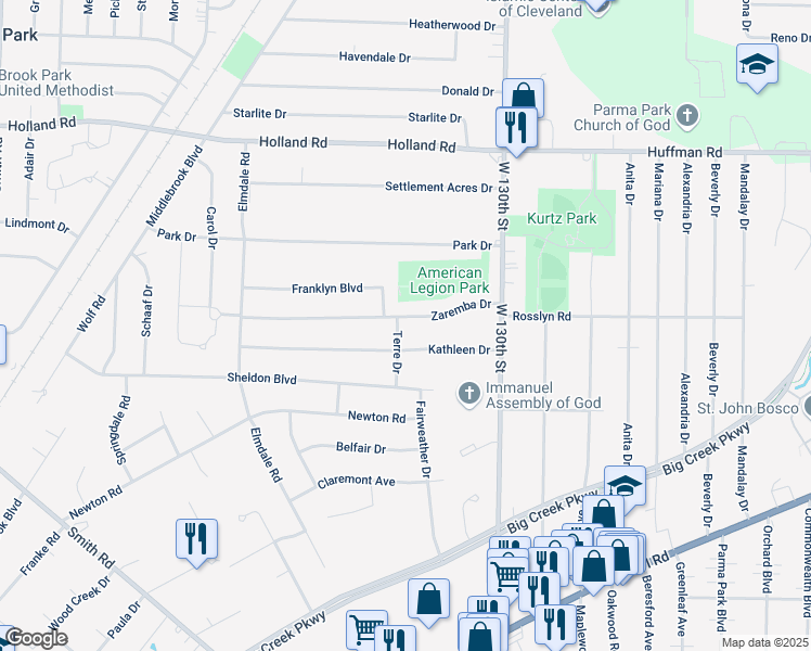 map of restaurants, bars, coffee shops, grocery stores, and more near 6373 Terre Drive in Brook Park