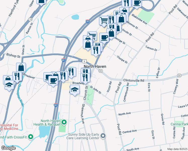map of restaurants, bars, coffee shops, grocery stores, and more near 24 Washington Avenue in North Haven