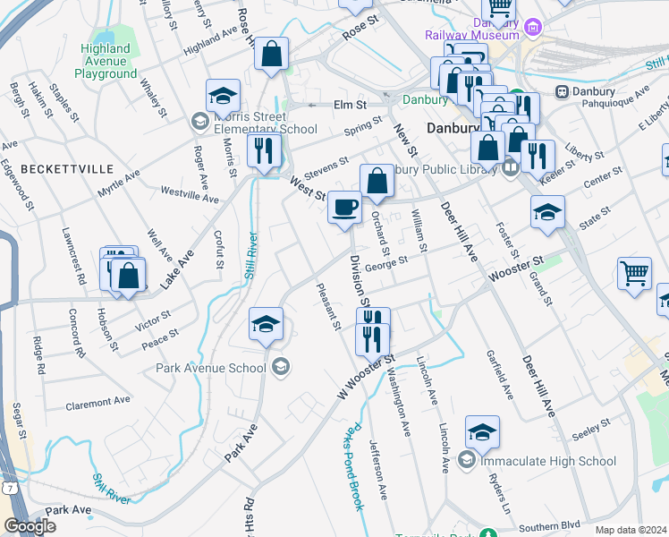 map of restaurants, bars, coffee shops, grocery stores, and more near 10 Park Avenue in Danbury
