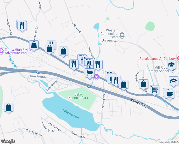 map of restaurants, bars, coffee shops, grocery stores, and more near 39 U.S. 202 in Danbury
