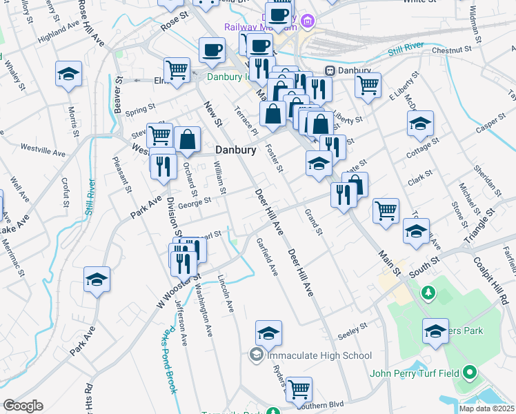 map of restaurants, bars, coffee shops, grocery stores, and more near 136 Deer Hill Avenue in Danbury