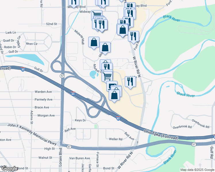 map of restaurants, bars, coffee shops, grocery stores, and more near 320 Market Drive in Elyria