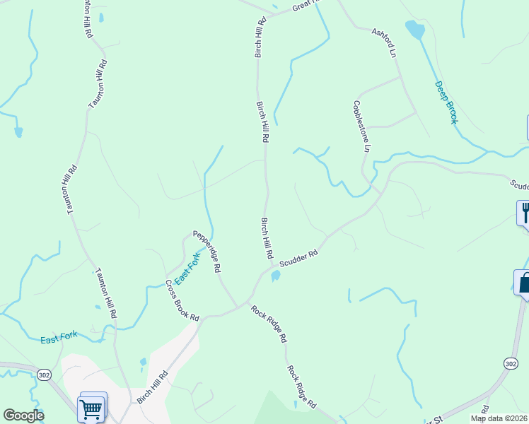 map of restaurants, bars, coffee shops, grocery stores, and more near Birch Hill Road in Newtown