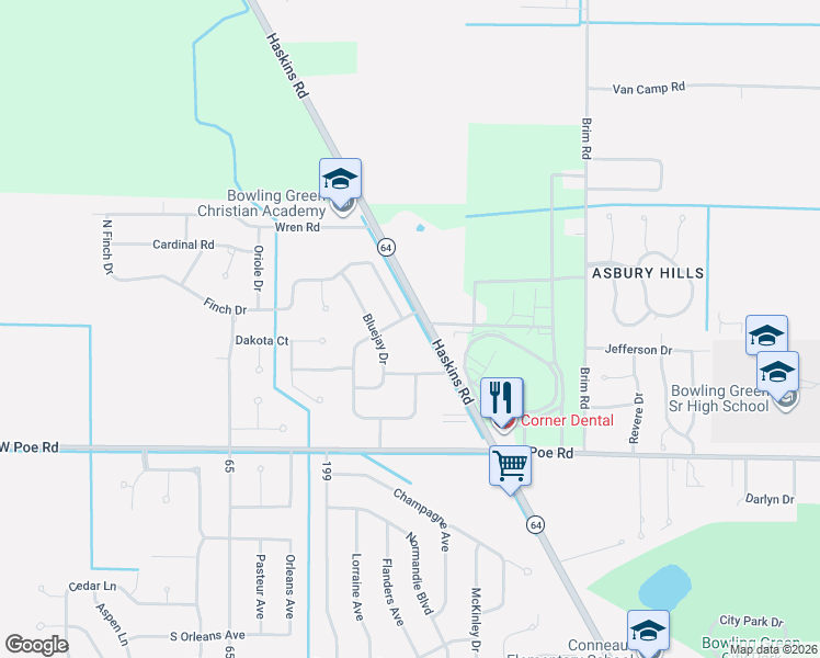 map of restaurants, bars, coffee shops, grocery stores, and more near 16201 Haskins Road in Bowling Green