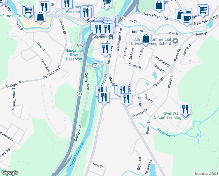 map of restaurants, bars, coffee shops, grocery stores, and more near 19 Hull Place in Seymour