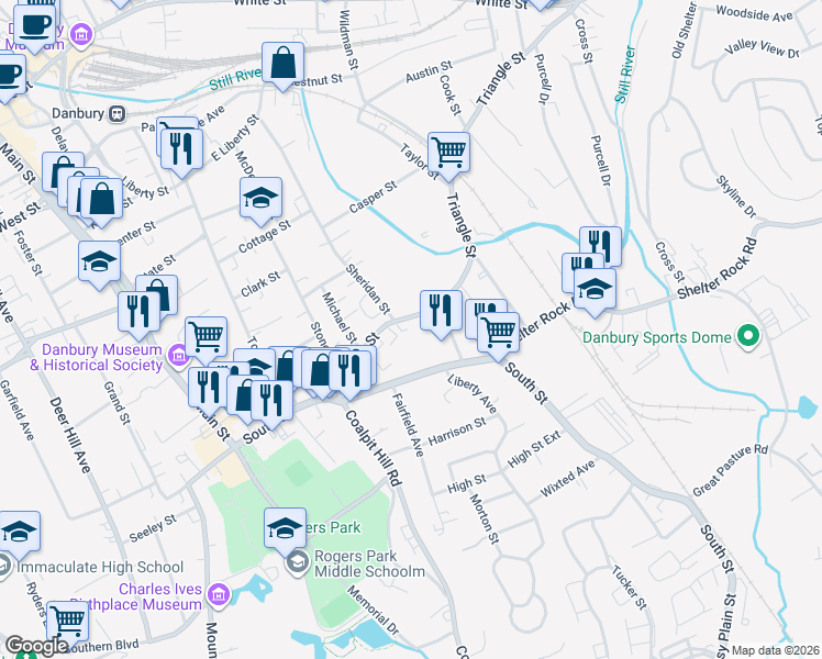 map of restaurants, bars, coffee shops, grocery stores, and more near 57 South Street in Danbury