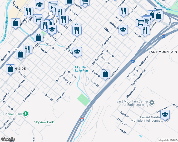 map of restaurants, bars, coffee shops, grocery stores, and more near 956 East Elm Street in Scranton