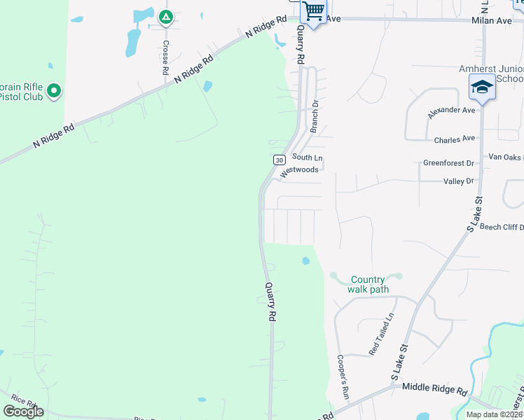 map of restaurants, bars, coffee shops, grocery stores, and more near 7500 County Highway 30 in Amherst