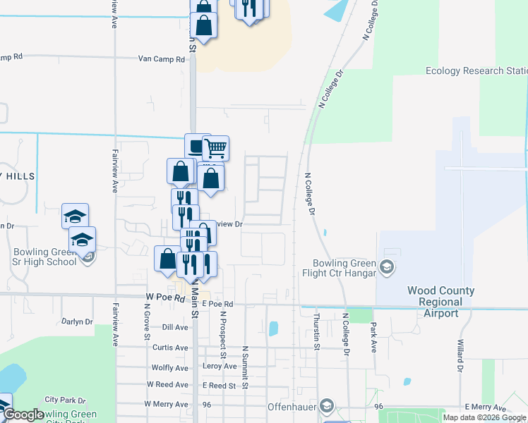 map of restaurants, bars, coffee shops, grocery stores, and more near 315 Parkview Drive in Bowling Green