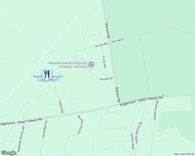 map of restaurants, bars, coffee shops, grocery stores, and more near Fire Road 55 in Edgartown