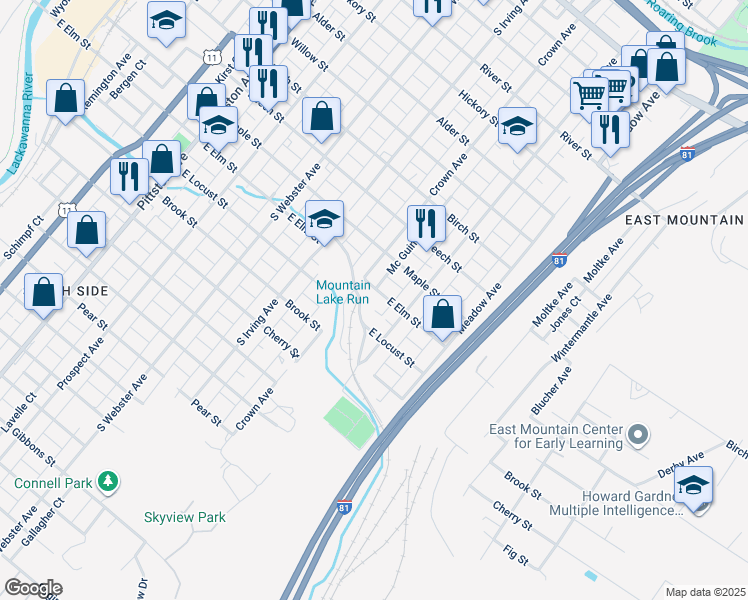 map of restaurants, bars, coffee shops, grocery stores, and more near 942 East Elm Street in Scranton