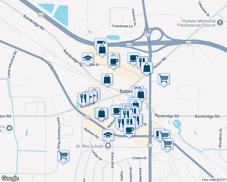 map of restaurants, bars, coffee shops, grocery stores, and more near 33290 Bainbridge Road in Solon