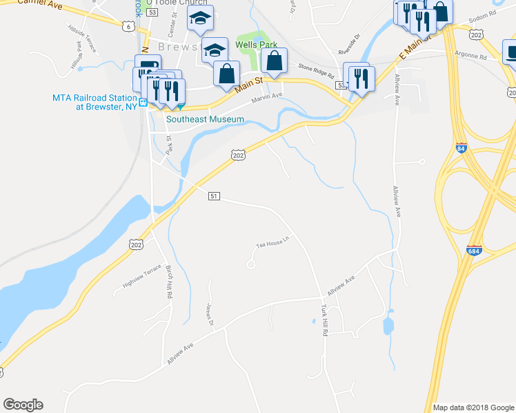 map of restaurants, bars, coffee shops, grocery stores, and more near 55 County Road 51 in Brewster