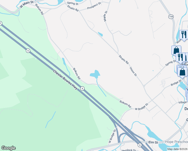 map of restaurants, bars, coffee shops, grocery stores, and more near 65 Bokum Road in Chester