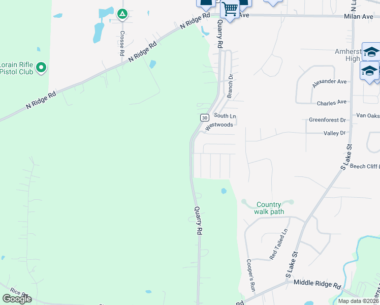 map of restaurants, bars, coffee shops, grocery stores, and more near 7500 County Highway 30 in Amherst