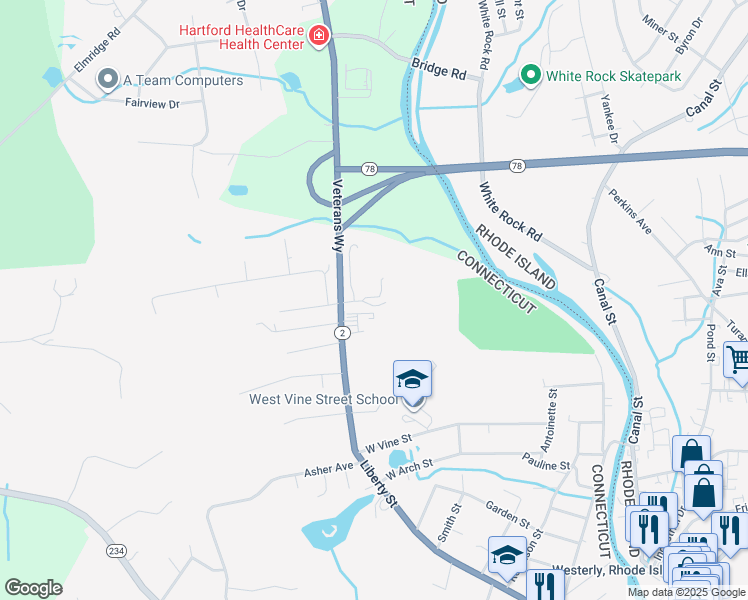 map of restaurants, bars, coffee shops, grocery stores, and more near 15 Faulise Avenue in Stonington