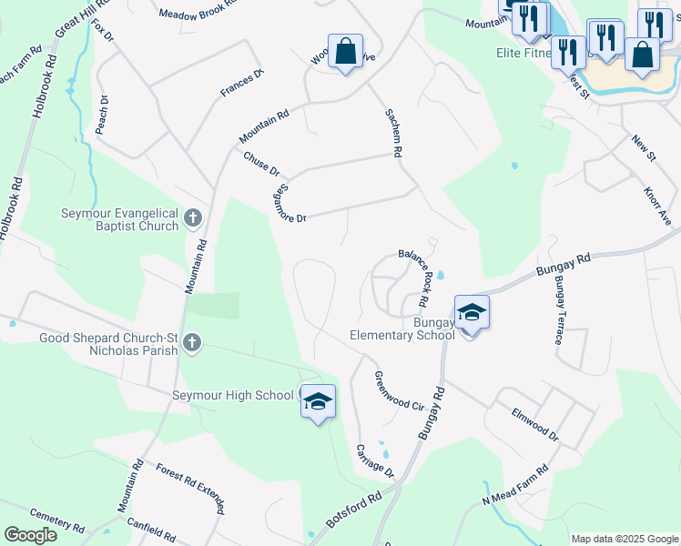 map of restaurants, bars, coffee shops, grocery stores, and more near 42 Greenwood Circle in Seymour