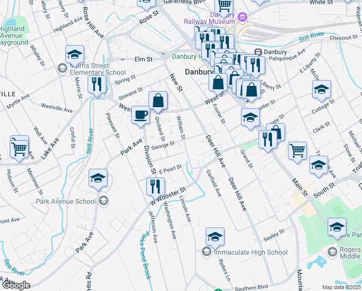 map of restaurants, bars, coffee shops, grocery stores, and more near 21 William Street in Danbury