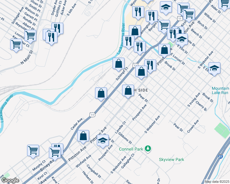 map of restaurants, bars, coffee shops, grocery stores, and more near 1815 Cedar Avenue in Scranton