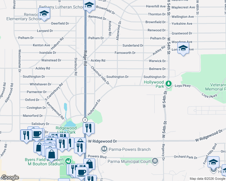 map of restaurants, bars, coffee shops, grocery stores, and more near 6791 Hollywood Drive in Parma