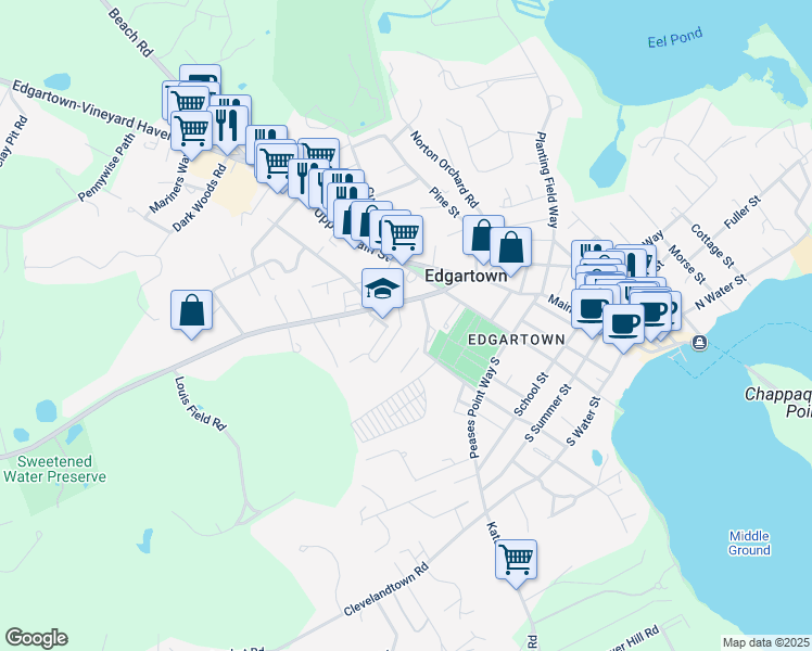 map of restaurants, bars, coffee shops, grocery stores, and more near 35 Robinson Road in Edgartown