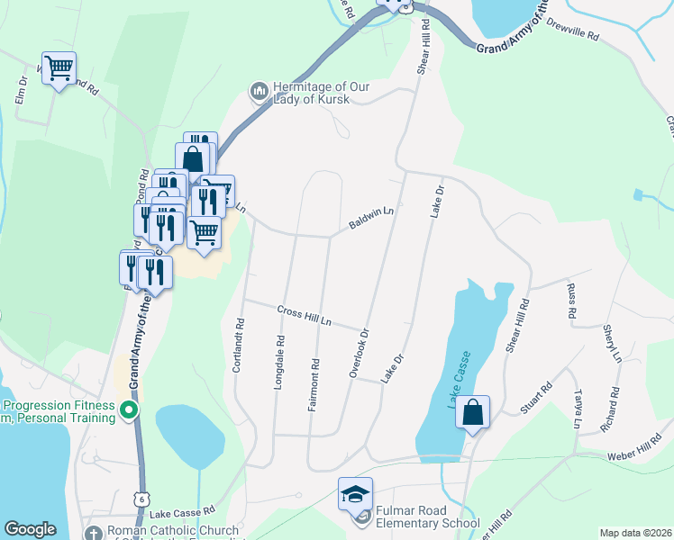 map of restaurants, bars, coffee shops, grocery stores, and more near 134 Fairmont Road in Mahopac