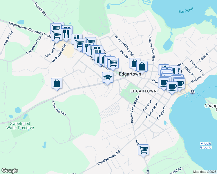 map of restaurants, bars, coffee shops, grocery stores, and more near 35 Robinson Road in Edgartown