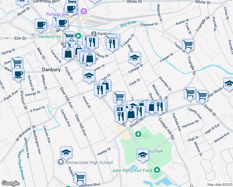 map of restaurants, bars, coffee shops, grocery stores, and more near 51 Main Street in Danbury