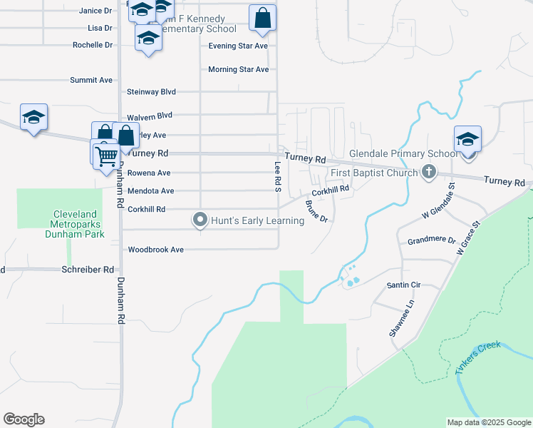 map of restaurants, bars, coffee shops, grocery stores, and more near 16306 Corkhill Road in Maple Heights