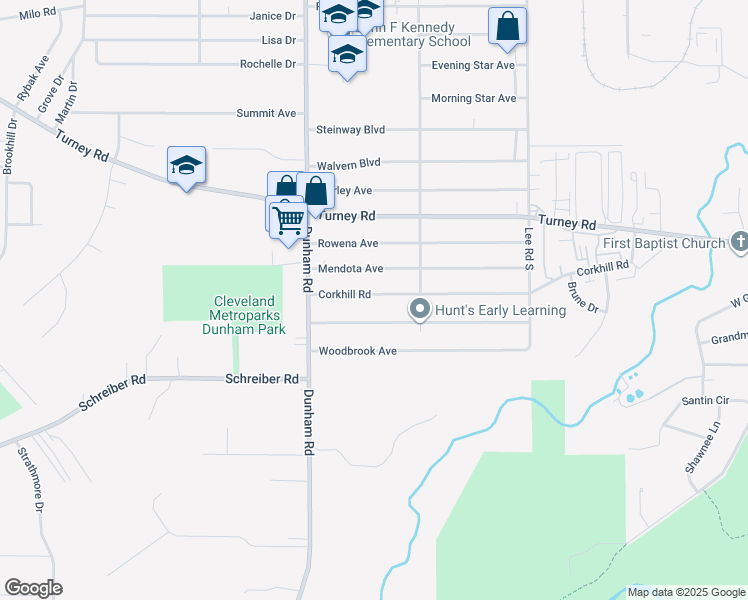 map of restaurants, bars, coffee shops, grocery stores, and more near 15512 Corkhill Road in Maple Heights