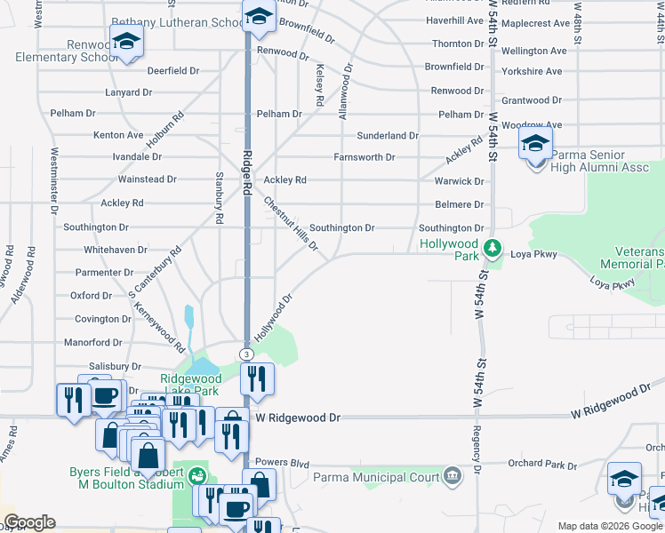 map of restaurants, bars, coffee shops, grocery stores, and more near 6605 Hollywood Drive in Parma