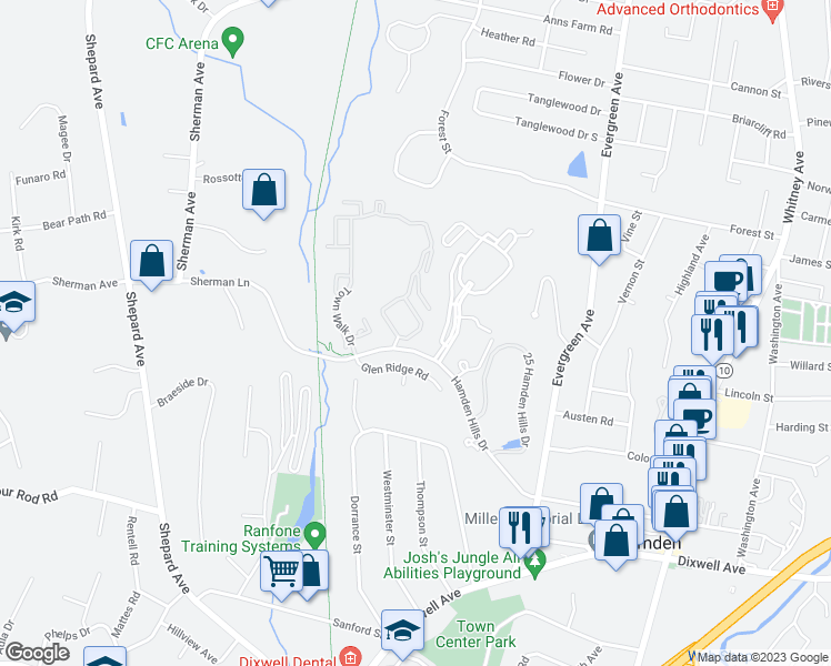 map of restaurants, bars, coffee shops, grocery stores, and more near 24131 Town Walk Drive in Hamden