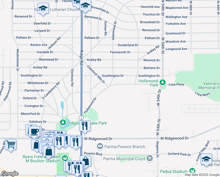map of restaurants, bars, coffee shops, grocery stores, and more near 6605 Hollywood Drive in Parma
