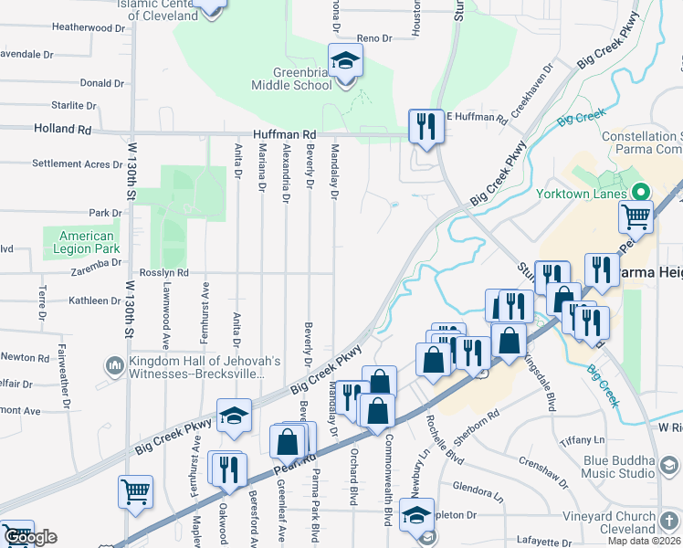 map of restaurants, bars, coffee shops, grocery stores, and more near 6419 Mandalay Drive in Parma Heights