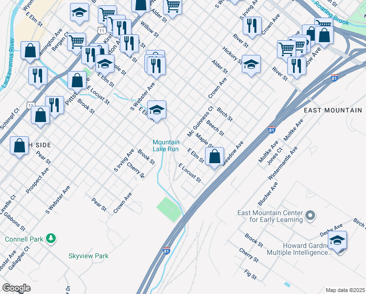 map of restaurants, bars, coffee shops, grocery stores, and more near 942 East Elm Street in Scranton