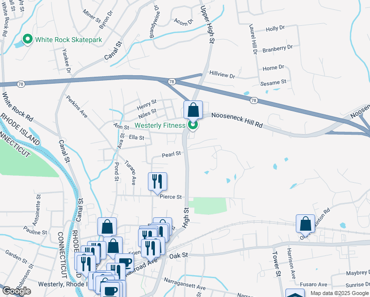 map of restaurants, bars, coffee shops, grocery stores, and more near 211 High Street in Westerly