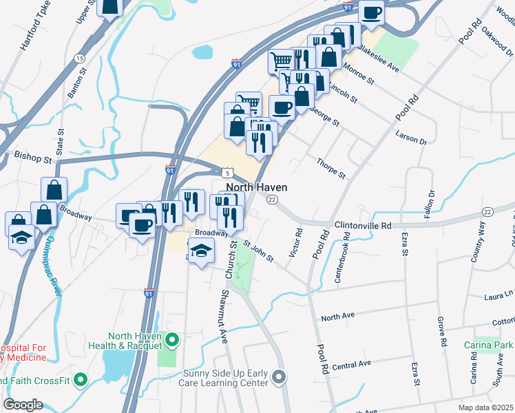 map of restaurants, bars, coffee shops, grocery stores, and more near 24 Washington Avenue in North Haven