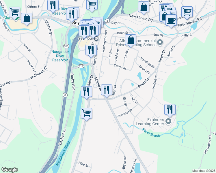 map of restaurants, bars, coffee shops, grocery stores, and more near 29 Maple Street in Seymour
