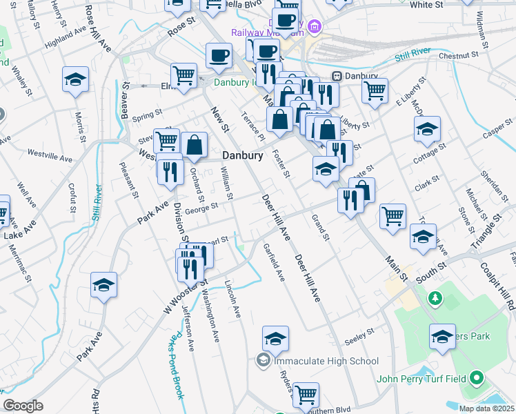 map of restaurants, bars, coffee shops, grocery stores, and more near 136 Deer Hill Avenue in Danbury