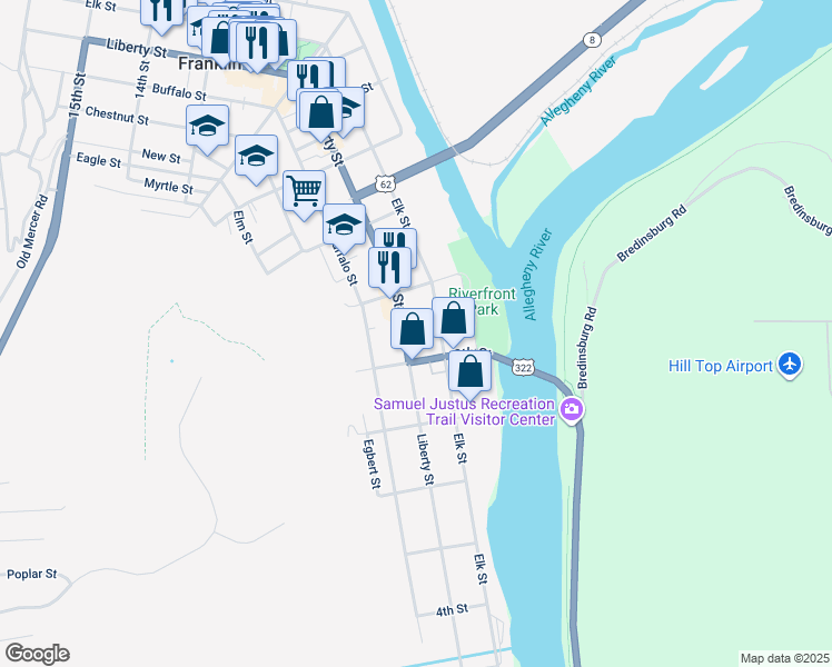 map of restaurants, bars, coffee shops, grocery stores, and more near 753-781 Liberty Street in Franklin