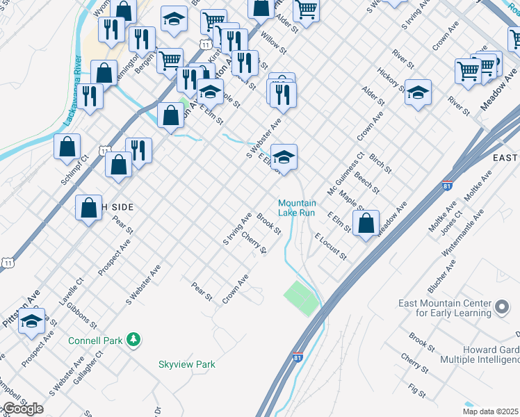 map of restaurants, bars, coffee shops, grocery stores, and more near 810 Brook Street in Scranton