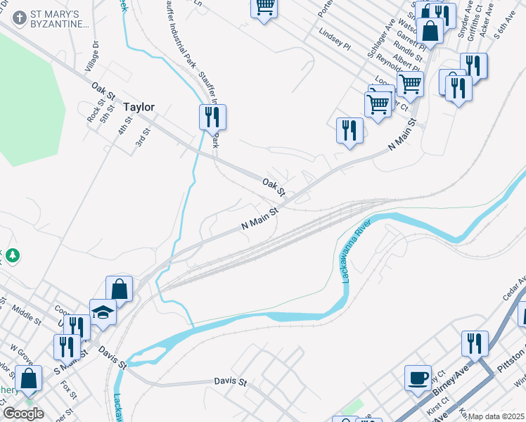 map of restaurants, bars, coffee shops, grocery stores, and more near 471-473 North Main Street in Taylor