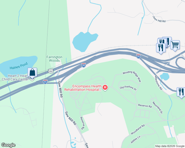 map of restaurants, bars, coffee shops, grocery stores, and more near 116 Warrington Round in Danbury